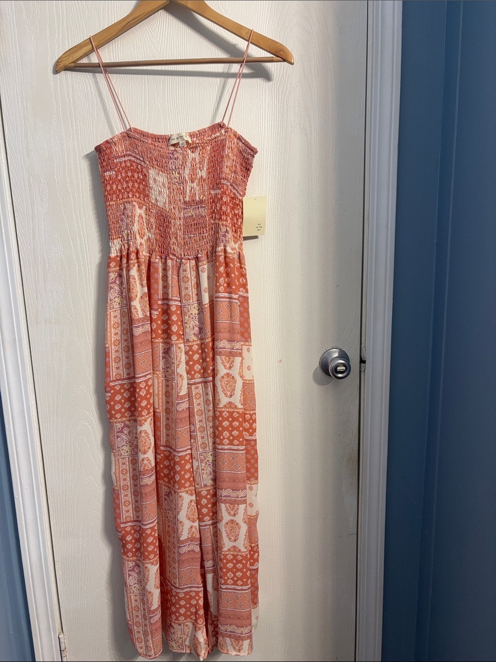 Smocked Spaghetti-Strap Maxi Jumpsuit in Coral Patchwork
